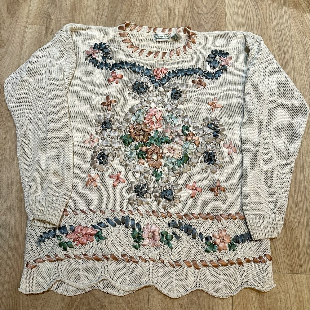 Amazing Vintage Coquette Cottage‎ Core Chunky Knit M Pearl Ribbon Sweater Rare